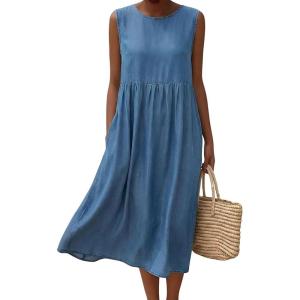 image:imagechouyatou Womens Summer Sleeveless Denim Pleated Midi Long Dress Loose Fit A Line Swing Boho Tank Sun Jean DressBlue