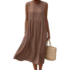 image:imagechouyatou Womens Summer Sleeveless Denim Pleated Midi Long Dress Loose Fit A Line Swing Boho Tank Sun Jean DressBrown