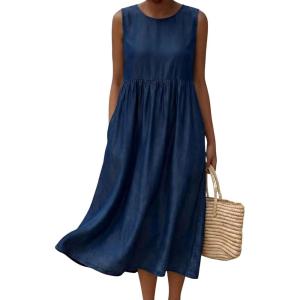 image:imagechouyatou Womens Summer Sleeveless Denim Pleated Midi Long Dress Loose Fit A Line Swing Boho Tank Sun Jean DressDark Blue