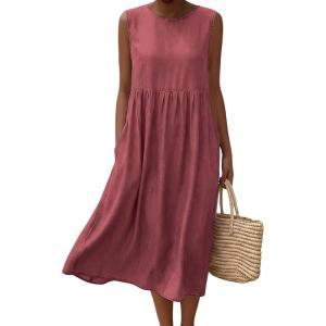 image:imagechouyatou Womens Summer Sleeveless Denim Pleated Midi Long Dress Loose Fit A Line Swing Boho Tank Sun Jean DressDark Red