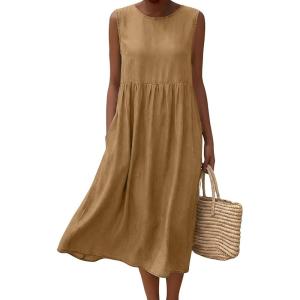 image:imagechouyatou Womens Summer Sleeveless Denim Pleated Midi Long Dress Loose Fit A Line Swing Boho Tank Sun Jean DressKhaki