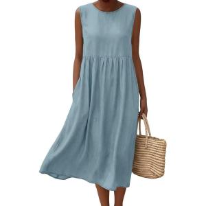 image:imagechouyatou Womens Summer Sleeveless Denim Pleated Midi Long Dress Loose Fit A Line Swing Boho Tank Sun Jean DressLight Blue