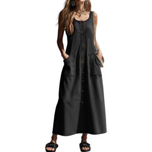 image:imagechouyatou Womens Summer Sleeveless Denim Shirt Dress Western Business Casual Maxi Long Jean DressBlack