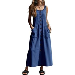 image:imagechouyatou Womens Summer Sleeveless Denim Shirt Dress Western Business Casual Maxi Long Jean DressDark Blue