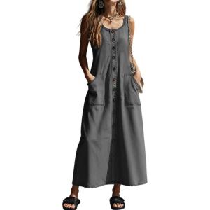 image:imagechouyatou Womens Summer Sleeveless Denim Shirt Dress Western Business Casual Maxi Long Jean DressGrey
