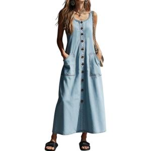 image:imagechouyatou Womens Summer Sleeveless Denim Shirt Dress Western Business Casual Maxi Long Jean DressLight Blue