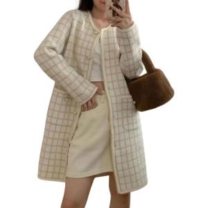 image:imagechouyatou Womens Vintage Checkered Plaid Long Cardigans Button Down Knit Cardigan Sweater Coatigan JacketBeige White