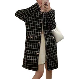 image:imagechouyatou Womens Vintage Checkered Plaid Long Cardigans Button Down Knit Cardigan Sweater Coatigan JacketBlack