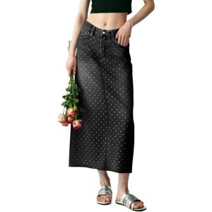 image:imagechouyatou Womens Vintage Floral Print Denim Skirt Y2k Distressed A Line Pleated Jean Midi Long Skirt with PocketsBlack