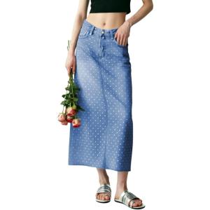 image:imagechouyatou Womens Vintage Floral Print Denim Skirt Y2k Distressed A Line Pleated Jean Midi Long Skirt with PocketsBlue