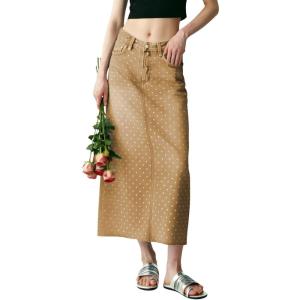 image:imagechouyatou Womens Vintage Floral Print Denim Skirt Y2k Distressed A Line Pleated Jean Midi Long Skirt with PocketsKhaki
