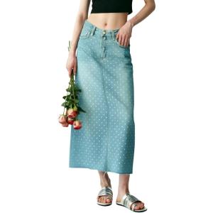 image:imagechouyatou Womens Vintage Floral Print Denim Skirt Y2k Distressed A Line Pleated Jean Midi Long Skirt with PocketsLight Blue