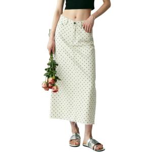 image:imagechouyatou Womens Vintage Floral Print Denim Skirt Y2k Distressed A Line Pleated Jean Midi Long Skirt with PocketsWhite