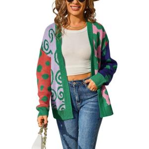 image:imagechouyatou Womens Y2k Color Block Floral Print Cardigans Open Front Knit Sweater Cardigan Jacket CoatGreen