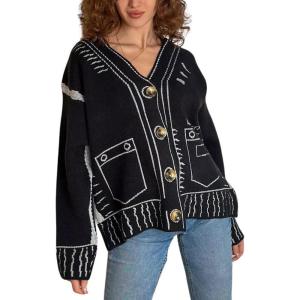 image:imagechouyatou Womenss Fall Jacqurd Knit Graffiti Cardigan Sweater Button Down Color Block Oversized CardiganBlack