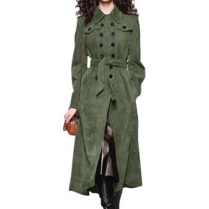 image:imagechouyatou Womens Winter Double Breasted Faux Suede Coat Business Casual Midi Long Trench Coat Overcoat with BeltArmy Green