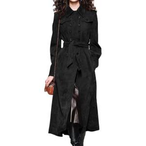 image:imagechouyatou Womens Winter Double Breasted Faux Suede Coat Business Casual Midi Long Trench Coat Overcoat with BeltBlack