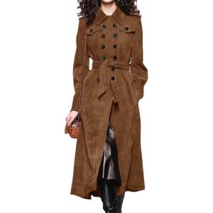 image:imagechouyatou Womens Winter Double Breasted Faux Suede Coat Business Casual Midi Long Trench Coat Overcoat with BeltBrown