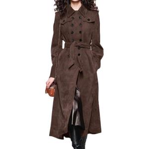 image:imagechouyatou Womens Winter Double Breasted Faux Suede Coat Business Casual Midi Long Trench Coat Overcoat with BeltCoffee