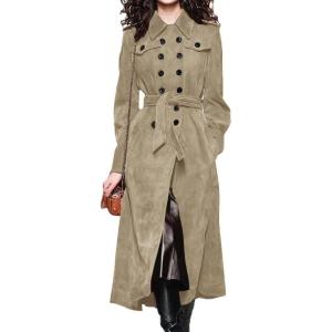 image:imagechouyatou Womens Winter Double Breasted Faux Suede Coat Business Casual Midi Long Trench Coat Overcoat with BeltLight Khaki