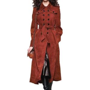 image:imagechouyatou Womens Winter Double Breasted Faux Suede Coat Business Casual Midi Long Trench Coat Overcoat with BeltOrange Red