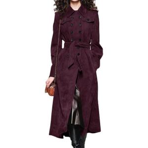 image:imagechouyatou Womens Winter Double Breasted Faux Suede Coat Business Casual Midi Long Trench Coat Overcoat with BeltPurple