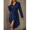 image:imagechouyatou Womens 2025 Fall Corduroy Shirt Dress Button Down Long Sleeve Belted Midi Long DressNavy Blue