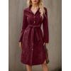 image:imagechouyatou Womens 2025 Fall Corduroy Shirt Dress Button Down Long Sleeve Belted Midi Long DressWine Red