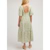 image:imagechouyatou Womens Cute Puff Sleeve Plaid Dress Summer Boho Backless Gingham Swing Midi Long DressGreen