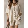 image:imagechouyatou Womens Summer Cotton Linen Shorts Set Button Down Shirt Mini Shorts Set Pajamas Lounge 2 Piece OutfitsApricot