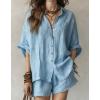 image:imagechouyatou Womens Summer Cotton Linen Shorts Set Button Down Shirt Mini Shorts Set Pajamas Lounge 2 Piece OutfitsLight Blue