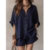image:imagechouyatou Womens Summer Cotton Linen Shorts Set Button Down Shirt Mini Shorts Set Pajamas Lounge 2 Piece OutfitsNavy
