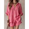 image:imagechouyatou Womens Summer Cotton Linen Shorts Set Button Down Shirt Mini Shorts Set Pajamas Lounge 2 Piece OutfitsPink