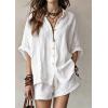 image:imagechouyatou Womens Summer Cotton Linen Shorts Set Button Down Shirt Mini Shorts Set Pajamas Lounge 2 Piece OutfitsWhite