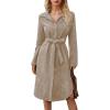 image:imagechouyatou Womens 2025 Fall Corduroy Shirt Dress Button Down Long Sleeve Belted Midi Long DressApricot