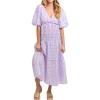 image:imagechouyatou Womens Cute Puff Sleeve Plaid Dress Summer Boho Backless Gingham Swing Midi Long DressPurple