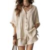 image:imagechouyatou Womens Summer Cotton Linen Shorts Set Button Down Shirt Mini Shorts Set Pajamas Lounge 2 Piece OutfitsApricot