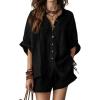 image:imagechouyatou Womens Summer Cotton Linen Shorts Set Button Down Shirt Mini Shorts Set Pajamas Lounge 2 Piece OutfitsBlack