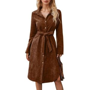 image:imagechouyatou Womens 2025 Fall Corduroy Shirt Dress Button Down Long Sleeve Belted Midi Long DressBrown