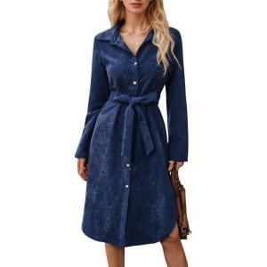 image:imagechouyatou Womens 2025 Fall Corduroy Shirt Dress Button Down Long Sleeve Belted Midi Long DressNavy Blue