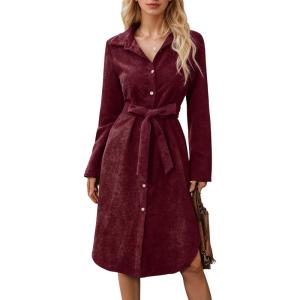 image:imagechouyatou Womens 2025 Fall Corduroy Shirt Dress Button Down Long Sleeve Belted Midi Long DressWine Red