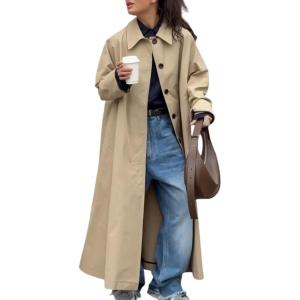 image:imagechouyatou Womens 2025 Fall Single Breasted Maxi Long Trench Coat Loose Cotton Business Casual OvercoatKhaki
