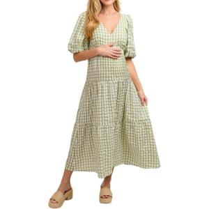 image:imagechouyatou Womens Cute Puff Sleeve Plaid Dress Summer Boho Backless Gingham Swing Midi Long DressGreen