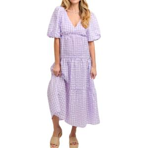 image:imagechouyatou Womens Cute Puff Sleeve Plaid Dress Summer Boho Backless Gingham Swing Midi Long DressPurple