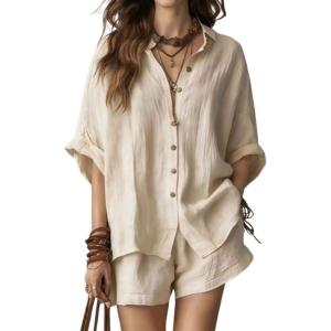 image:imagechouyatou Womens Summer Cotton Linen Shorts Set Button Down Shirt Mini Shorts Set Pajamas Lounge 2 Piece OutfitsApricot