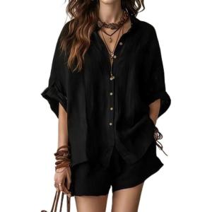 image:imagechouyatou Womens Summer Cotton Linen Shorts Set Button Down Shirt Mini Shorts Set Pajamas Lounge 2 Piece OutfitsBlack