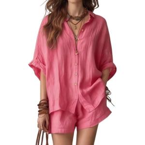 image:imagechouyatou Womens Summer Cotton Linen Shorts Set Button Down Shirt Mini Shorts Set Pajamas Lounge 2 Piece OutfitsPink