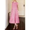 image:imagechouyatou Women Summer Boho Button Down Gingham Dress Business Casual Cotton Flowy Plaid Midi Shirt DressPink