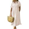 image:imagechouyatou Womens Summer Striped Midi Long Shirt Dress Casual Loose Short Sleeve Button Down DressKhaki