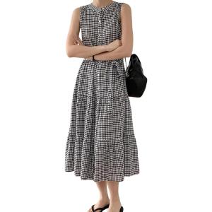 image:imagechouyatou Women Summer Boho Button Down Gingham Dress Business Casual Cotton Flowy Plaid Midi Shirt DressBlack